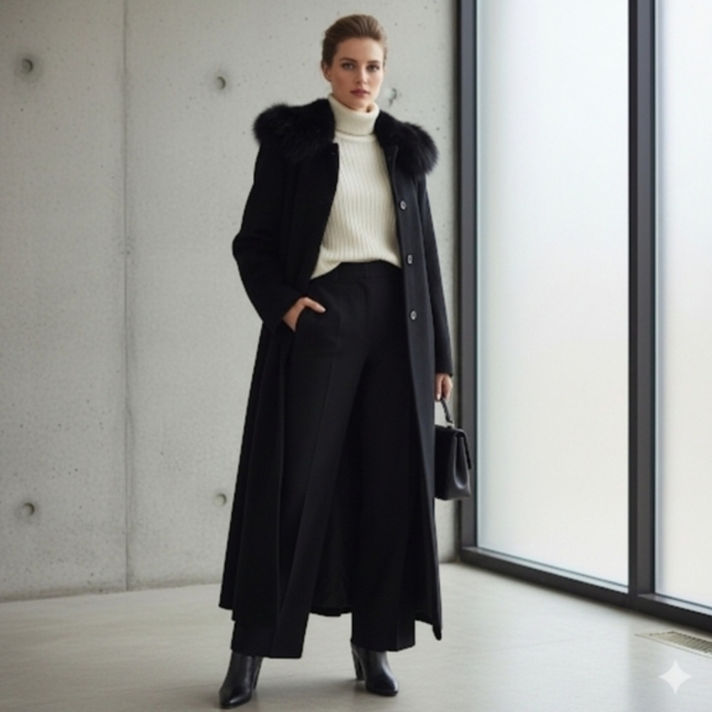 Rare VINTAGE Calvin Klein Luxury Maxi Coat 65% Angora & Wool Genuine Blue Fox, M